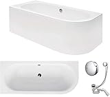 VBChome Badewanne 180x80 cm Acryl SET Schürze Siphon Wanne Ecke Eckbadewanne Weiß Design Modern Ablaufgarnitur in Chrom für 2 Personen links