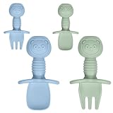 Vicloon Babylöffel, 4 Stück Baby Fütterlöffel aus Extra Weich Silikon, BPA Frei Baby Gabel und Löffel Set, Babybesteck für Baby, Kleinkind, Kinder - grau+grün