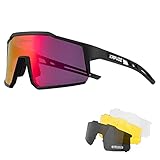 KAPVOE Polarisiert Fahrradbrille mit 4 wechselgläser TR90 Rahmen für Herren Damen Sport Radfahren MTB Sportsonnenbrille Radbrille Sportbrille Fahren Angeln Baseball Laufen rot Schwarz 01