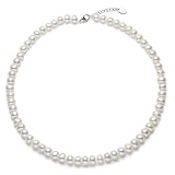 CRANE PEARL Perlen Kette, Kurze Fast-Runde Perlenkette Damen aus echten Perlen 7-8mm Süßwasser-Zuchtperlen Perlen Choker 43+3CM Kettenlänge Perlenschmuck für Hochzeit Braut Valentinstag Muttertag