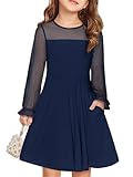 Haloumoning Kleider Mädchen Festliches Prinzessin Kleid Kinder Kontrast Mesh Langarm Puff Sommerkleider Elegant A-Linie Rundhals Partykleid mit Taschen, Marineblau, 7-8 Jahre