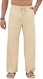 Runcati Leinenhose Herren Hose Baumwolle Leinen Strand Yoga Hose Herbst Loose Fit Leicht Einfarbig Freizeithose mit Taschen Elastischer Bund, Khaki, L