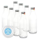 FLASCHENBAUER – Milchflaschen 1 Liter – 8x Glasflaschen 1 Liter – Twist-Off-Deckeln + Ersatz TO48 – Saftflasche, Smoothie Flasche & Weithalsflasche – Robust, temperaturbeständig [Weiße-Flasche]