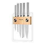 Philipiak Küchenmesser Set 5 Teilig - Scharf Messerset für Küche aus Edelstahl mit einer Härte von HRc 58 - Messer Set Universal - Messerblock aus Gehärtetem Glas und Holz - Knife Set