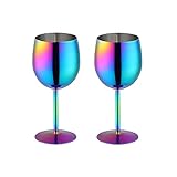 BISDARUN Weißweingläser Set mit 2 Rotweinkelchen, 18/8 Edelstahl, 350 ml, Metallkelch, Gläser für Cocktail, Champagner, Whiskey, Bier (Regenbogen)