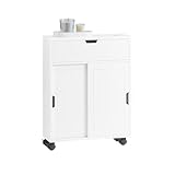 SoBuy Nischenregal – schmaler Badezimmerschrank mit Rollen – Badschrank mit Schiebetüren und Klappe, Badmöbel Kommode aus Holz, für kleine Raum und für Enge Nischen, 52 x 68 x 17 cm, Weiß, BZR31-W