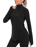 Crewhpo Sportshirt Damen Langarm 1/4 Reißverschluss Funktionsshirt Sport Oberteil UPF 50+ T-Shirt Langarmshirt mit Daumenloch Leicht Atmungsaktiv Laufshirt