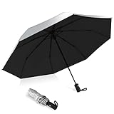 HEXSOLID Regenschirm mit UV-Schutzfaktor 50+, kompakter Regenschirm für Sonne, wasserdicht und windabweisend, Sonnenschutz, automatisches Öffnen, Schließen (Silber/Schwarz, 46inch)