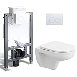 Hänge WC Spülrandlos und Vorwandelement WC Set Komplett, Toiletten mit Unterputz Spülkasten, Drückerplatte WC, Toilette mit Klodeckel mit Absenkautomatik, WC Weiß mit Nano Beschichtung