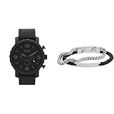 FOSSIL Herren Nate Schwarze Lederuhr und Ellis Silberfarbener Edelstahl Armband, Set