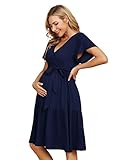 KOJOOIN Damen Umstandskleid V-Ausschnitt Stillkleid Casual Schwangerschafts Kleider mit Rüsche Dunkelblau(Kurzarm) M