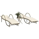 Qnhdfrt Sonnenliege Set 2 Stück mit Tisch Beige PE-Rattan Gartenliege mit Verstellbarer Rückenlehne und gepolsterten Kissen für Garten, Balkon und Strand