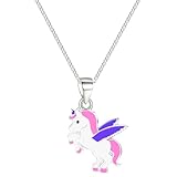Löb 925 Silber Halskette Kinder Einhorn Flügel Anhänger Rosa Pink Lila Damen Pferd Silberkette Kinderschmuck Kinderkette Einhornkette Mädchen Kette