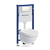 Duofix Basic Vorwandelement + Wand Tiefspül WC Sofi Slim Folklor Spülrandlos + Bedienplatte Delta 25 | Weißer Knopf | Komplettset | Unterputz Spülkasten | Toilette Komplett Sett