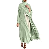 2024 Damen Muslim Weich und Elegant Chiffon Solide Strickjacke Lose Lange Strickjacke Kleid Langarm Kleider für Frauen Party, grün, L