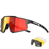 KAPVOE Polarisiert Fahrradbrille mit 4 wechselgläser TR90 Rahmen für Herren Damen Sport Radfahren MTB Sportsonnenbrille Radbrille Sportbrille Fahren Angeln Baseball Laufen rot Schwarz 01