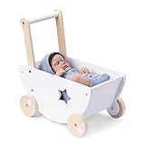 Navaris Puppenwagen aus Holz in Weiß - Kinder Baby Puppen Wagen Lauflernwagen - für Mädchen und Jungen - ab 18 Monate - Holzpuppenwagen mit Bettzeug