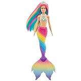 Barbie Dreamtopia Rainbow Magic Mermaid, Barbie Meerjungfrau mit Regenbogenhaaren, Farbwechselpuppe durch Wasser aktiviert, Spielzeug ab 3 Jahren, Geschenk für Mädchen, GTF89