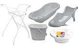 5er Set Baby-Badewanne Set Babywanne 84 cm + Ständer Gestell + Badesitz Badewannensitz mit Anti-Rutsch Beschichtung + Windeleimer + Waschschüssel