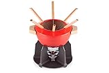 Le Creuset Gusseisen Fondue-Set, Inkl. 2 Holzgriffen, Spritzschutz, Rechaud und 6 Fonduegabeln, 2,0 L Volumen, Kirschrot, 60612000602460