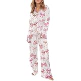 Felcia 2-teiliges Lounge-Set für Damen, lockerer Grafikdruck, langärmelig, Button-Down-Shirt und Hose mit weitem Bein, Trainingsanzug, Outfits (I-Pink, XL), I-pink, XL