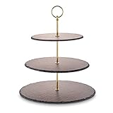 ECHTWERK EW-ET-1782G Etagere-/ Servier-Ablage für Gebäck, Obst, Käse und Dessert aus Naturschiefer mit 3 Ebenen und Metallgriff, Gold-Edition, Ø Schieferplatten ca. 20/25/ 30 cm, Steingut