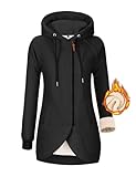 Lonya Damen Kapuzenjacke Zipper Hoodie Sweatjacke Fleecejacke Kapuzenpullover mit Zipper Fleece Gefüttert Jacke Winter Reißverschluss Übergangsjacke Casual Mantel, Schwarz, L