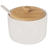 orion group - Zuckerdose mit Deckel und Löffel - Höhe 6,5 cm - Weißes Porzellan und Bambusholz - Zuckerpott - Modern Zuckerbehälter - sugar container