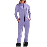 Schneeanzug Damen Ohne Kapuze Reißverschluss - Skioverall Damen Winter Schmale Passform Wander, Einteiler Radfahren Fashion, Skianzüge Coole Sport Lila S