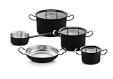 Fissler Original-Profi Collection Shadow Line, 5-teiliges Edelstahl-Topfset, Limitierte Jubiläumsedition, 3 Kochtöpfe, Servierpfanne, Stielkasserolle, Schwarz