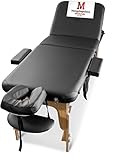 MASSUNDA 3 Zonen Massageliege Klappbar & Höhenverstellbar, Vollholz - All-Inkl. Mobile Massagebank mit ergonomische Kopfstütze, Bezug, Armlehne, Kissen, Massagetisch - Schwarz