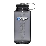 Nalgene Sustain Tritan BPA-freie Wasserflasche aus 50% Plastikabfällen, 900 ml, breite Öffnung, grau mit schwarzem Deckel