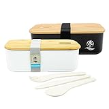 EcoAB Bento Box 1000ml mit Bambus Deckel - Inklusive 3-teiligem Besteck Set - Auslaufsichere Brotdose & Lunchbox für Erwachsene & Kinder - BPA-frei, Spülmaschinengeeignet Weiß mit