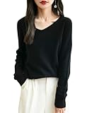 Chanyarn Damen 100% Merinowolle 2025 First-Line Ready to Wear Langarm nahtlosem Elegant Strickpullover Herbst Winter Kaschmir V-Ausschnitt Pullover (Schwarz,M)