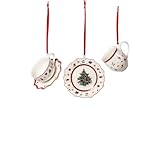 Villeroy und Boch Toy's Delight Decoration Ornamente Geschirrset 3tlg., Ornamente zum Hängen, Premium Porzellan, Tex tilien, Metall, weiß, rot, 6,3 cm