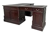 XXL Eckschreibtisch Manor House – Englischer Partners Desk aus massivem Mahagoni mit schwarzer Kunstleder-Schreibeinlage, freistehend, 2×180 cm Seitenlänge × 90 cm Tiefe × 76,6 cm H, 7 Schubladen & 2