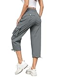 Hose Damen 3/4 Sommer Casual Cargohose Caprihose Jogginghose Comfy Stretch Leichte Outdoor Sport Reise Wanderhose Mit 6 Taschen (Grau, XL)