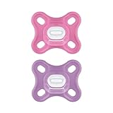 MAM Comfort Schnuller im 2er-Set, besonders kleiner und leichter Baby Schnuller für Früh- & Neugeborene aus 100% Silikon, mit weichem MAM SkinSoft Saugteil & Schnullerbox, 0-3 Monate, pink