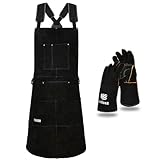 LeaSeek Schweißerschürze aus Leder,Hitzebeständige & Flammhemmende Schwere Arbeitsschürze mit 6 Taschen, 36' Extra Groß & Langer Riemen, Grill schürze Schwarz