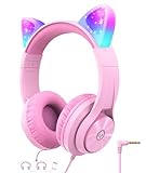 iClever Kinder Kopfhörer, Katzenohr-LED-Leuchte Over-Ear mit 94db Lautstärkebegrenzung Faltbare HD Stereo Kabel Kopfhörer, für Schule/iPad/Tablet/Reisen