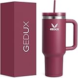 Gedux Trinkflasche mit Strohhalm 1.2L - Thermobecher mit Henkel auslaufsicher - Doppelwandige Vakuumisolierung - Thermobecher mit StrohhalmSpritzwassergeschützter Deckel (Tiefrot)