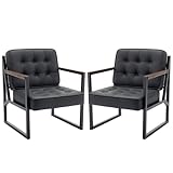 Mid Century Modern ohrensessel 2er Set, Bequeme Lounge Sessel, Brauner Leder Accent Chair, Kunstleder Empfangssessel mit Metallbeinen für Wohnzimmer Schlafzimmer Empfangsraum Wartezimmer, Schwarz