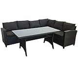 KMH Polyrattan Gartensitzgruppe Hannover Schwarz - Große Lounge Gartenlounge inkl. Auflagen und Kissen - Moderne Gartenmöbel Polyrattan - Robuste Sitzgruppe Garten aus Ecksofa & Tisch