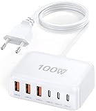 USB C Ladegerät, 100W 6-Port USB C Adapter Mehrfach Ladegerät mit USB-C und USB-A, Schnellladegerät PD 3.0 USB C Charger Power Netzteil für iPhone 15 14 13 12 11 SE XS XR 8, iPad, Samsung, Handys