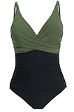 LA ORCHID einteiliger Badeanzug bademode v Ausschnitt Damen Badeanzug bauchweg Push up Bademode Swimsuit high Waist Schwimmanzug Dunkel Grün mit schwarz XL