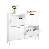 SoBuy Schuhschrank schmal mit 4 Klappen platzsparender Schuhkipper Hoch Kommode mit 8 Ablagen Schuhregal geschlossen Shoe Cabinet Flurschrank für Diele, Flur, Garderobe 100x91x19cm Weiß FSR100-W
