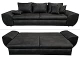 Vintage Big Sofa mit Schlaffunktion und Bettkasten, XXL Trend Couch, Wellenfederung, viele Kissen, 275 cm breit, 98 cm tief, Liegefläche 148 x 194 cm, Mikrofaserstoff in Leder-Optik in Schwarz | 18010