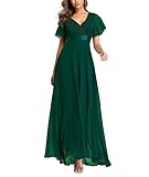 ECDAHICC Damen Abendkleider Gürtel V-Ausschnitt Hohe Taille A-Linie Chiffon Brautjungfernkleid Elegant Lang Ballkleid(GR,2XL)