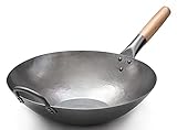 Craft Wok 731W316 Pow-Wok, flach, handgehämmerter Karbonstahl, mit Holz- und Stahlgriff, 35,6 cm, flacher Boden, flach, 731W316