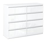 MRBLS_HOME Kommode mit 8 Schubladen - Holz Sideboard 120 x 92,5 x 33,5 cm (B/H/T) - Schmale Kommode für Schlafzimmer & Flur - Regal mit Schubladen - Schrank mit Schubladen (Weiß Matt - Weiß Glanz)